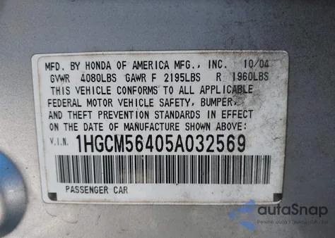 2005 Honda Accord 2.4 Lx z USA, uszkodzony, nr VIN 1HGCM56405A032569